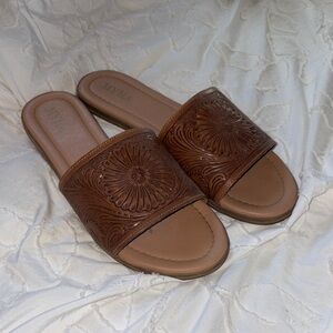 Myra Bag Tan Floral Embossed Sandals